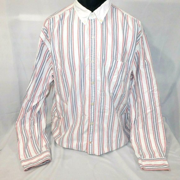 2012 Tommy Hilfiger Mens XXL White Faded Red Blue Striped Button Front Shirt - Picture 1 of 9